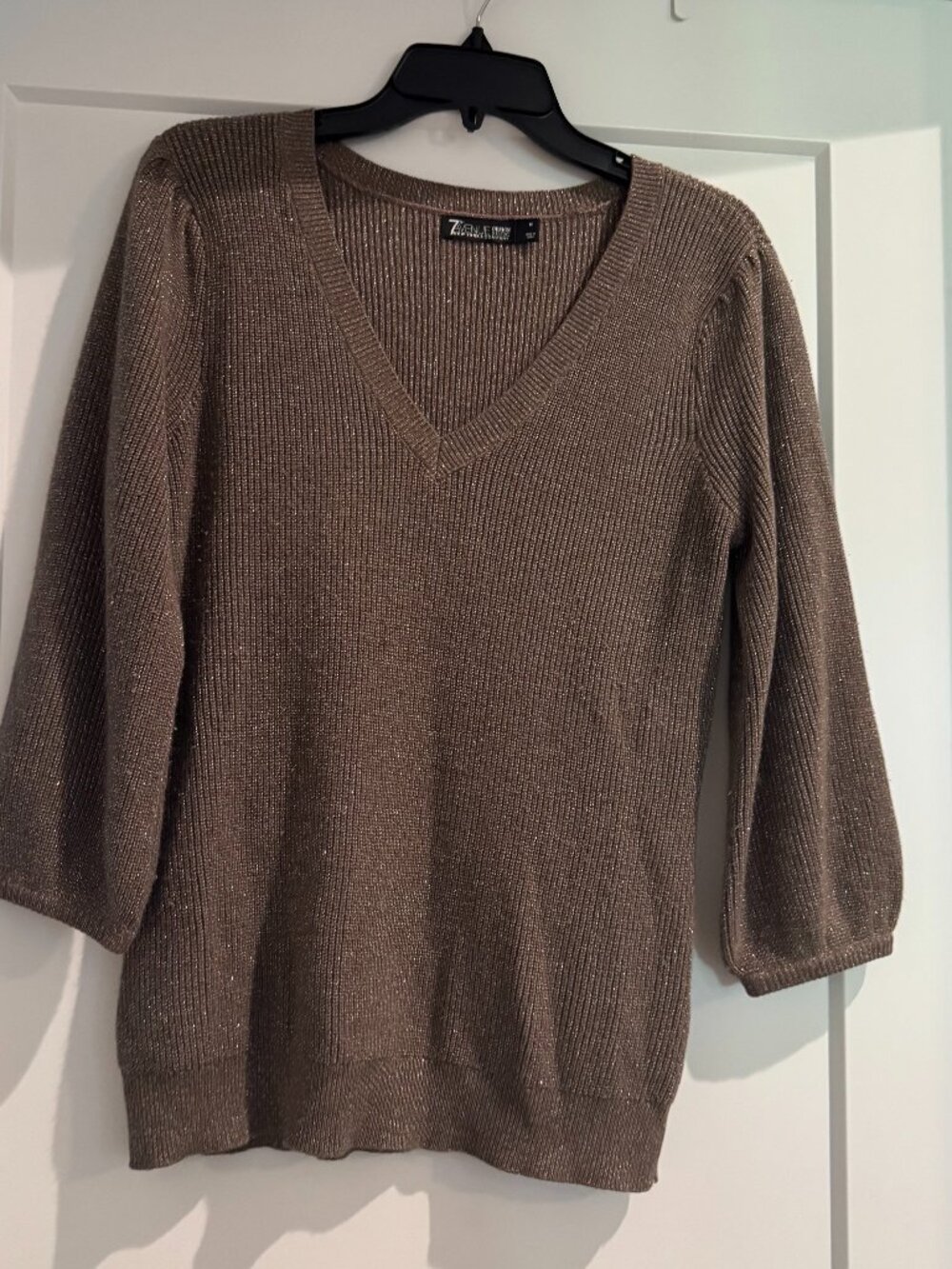 7th Avenue NY&C Sweater Womens Brown Glitter Knit Ribbed V Neck Winter Medium M